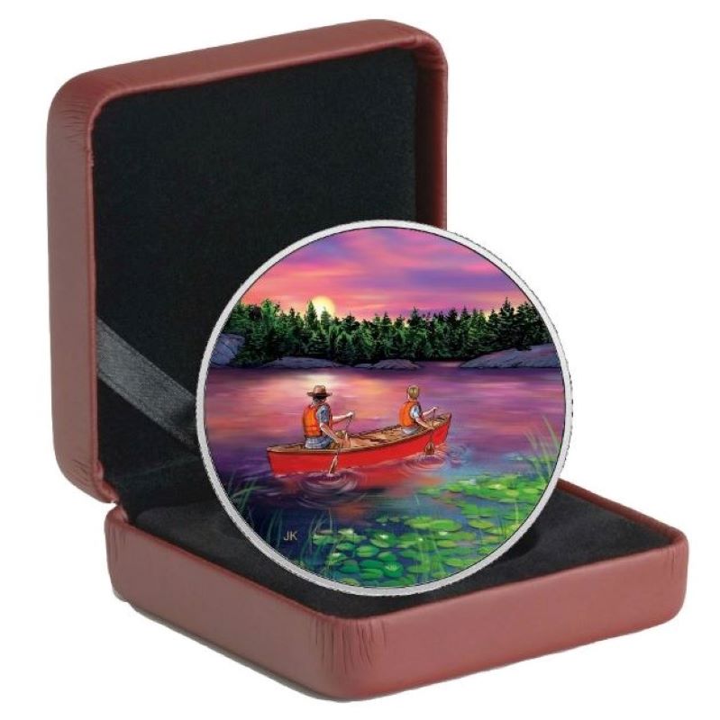 Fine Silver Glow In The Dark Coin with Colour - Great Canadian Outdoors: Sunset Canoeing Packaging