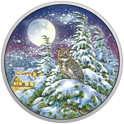 Fine Silver Glow In the Dark Coin with Colour - Animals In the Moonlight: Great Horned Owl Reverse