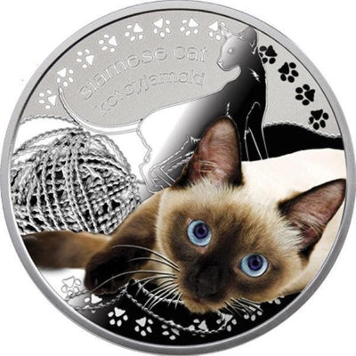 Fine Silver Coin with Colour and Swarovski Crystal: Siamese Cat Reverse