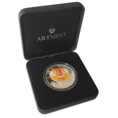 Fine Silver Glow In The Dark Coin with Colour - Halloween: Jack O'lantern Packaging