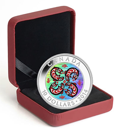 Fine Silver Hologram Coin with Colour - First Nations Art: Salmon Packaging