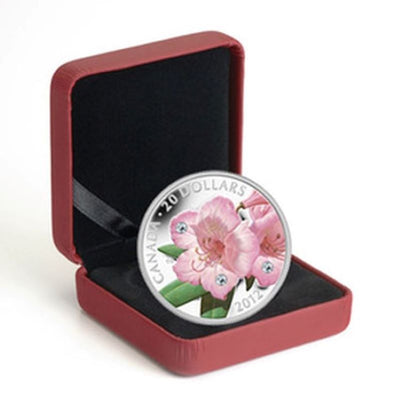 Fine Silver Coin with Colour and Swarovski Crystal - Rhododendron Crystal Dew Drop Packaging