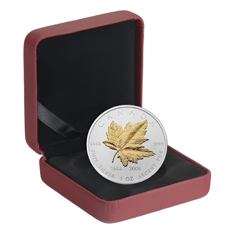 Fine Silver Coin with Gold Plating - Silver Maple Coin 20th Anniversary Packaging