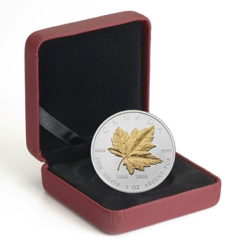 Fine Silver Coin with Gold Plating - Silver Maple Coin 20th Anniversary Packaging