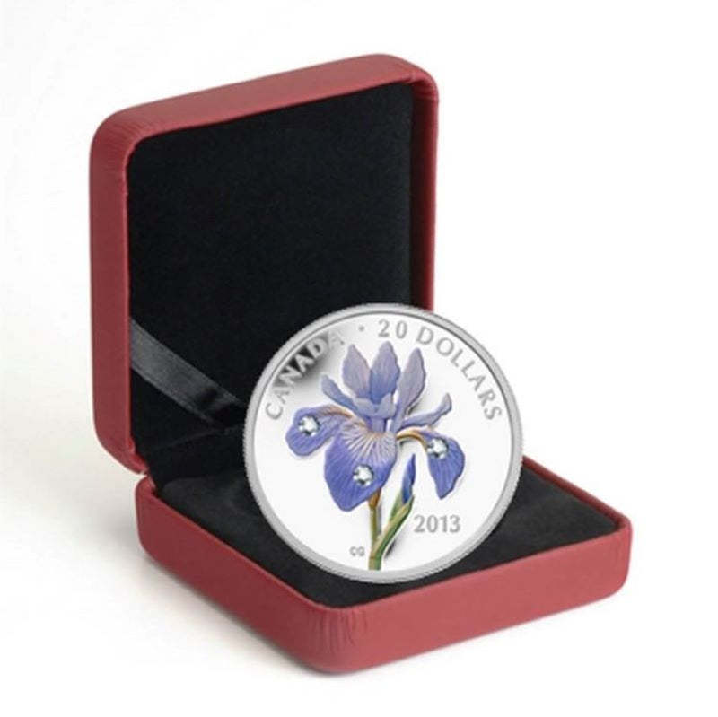 Fine Silver Coin with Colour and Swarovski Crystal - Blue Flag Iris Packaging