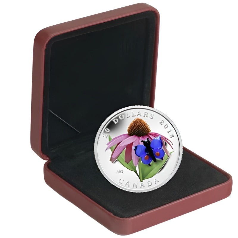 Fine Silver Coin with Colour and Venetian Glass - Purple Coneflower and Eastern Tailed Blue Packaging