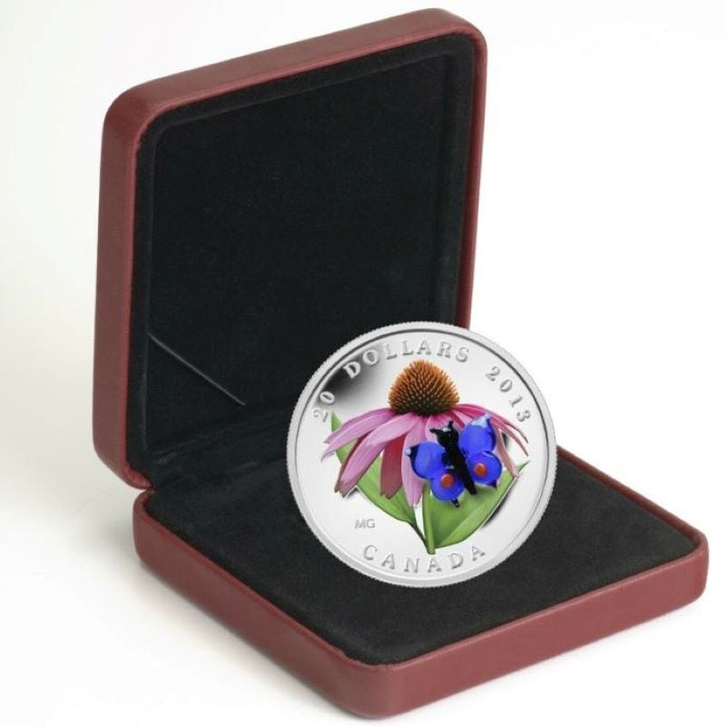Fine Silver Coin with Colour and Venetian Glass - Purple Coneflower and Eastern Tailed Blue Packaging
