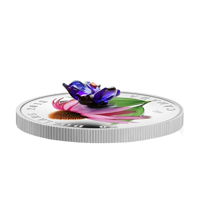 Fine Silver Coin with Colour and Venetian Glass - Purple Coneflower and Eastern Tailed Blue