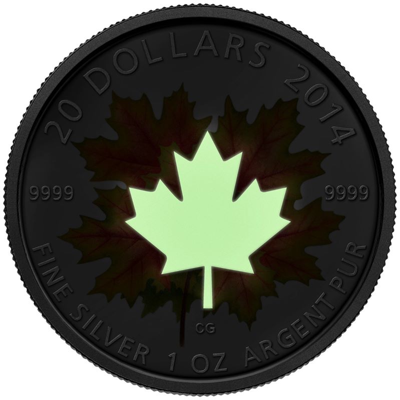 Fine Silver Glow In The Dark Coin with Colour - Maple Leaves Glow In The Dark 