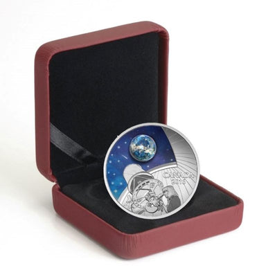 Fine Silver Glow In The Dark Coin with Colour and Glass Element - The Universe with Opal Packaging