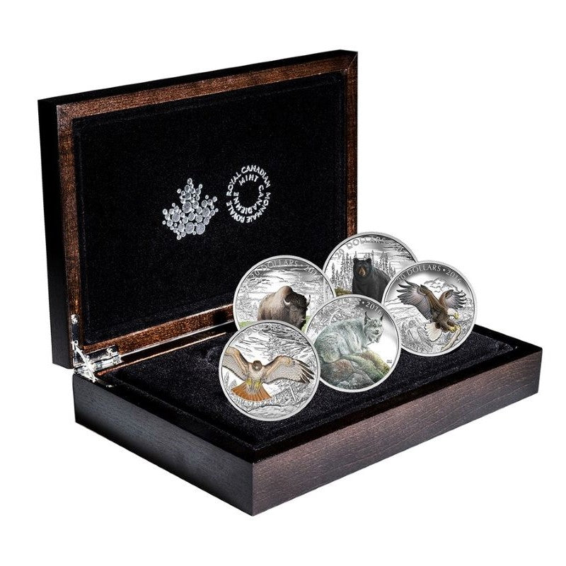Fine Silver 5 Coin Set with Colour - Majestic Animals Packaging
