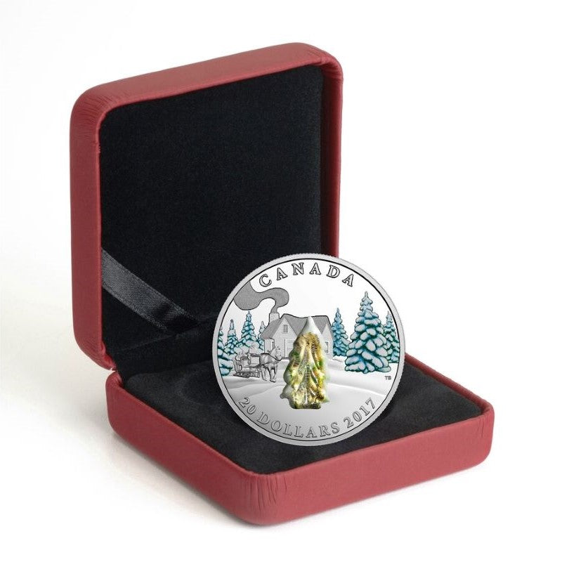 Fine Silver Coin with Colour and Glass Element - Snow-Covered Trees Packaging