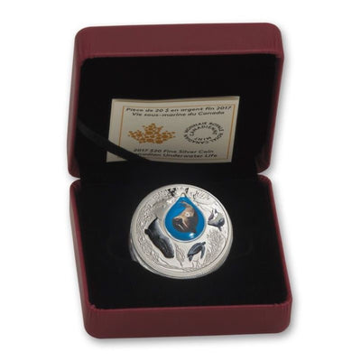 Fine Silver Coin with Colour and Glass Element - Canadian Underwater Life Packaging