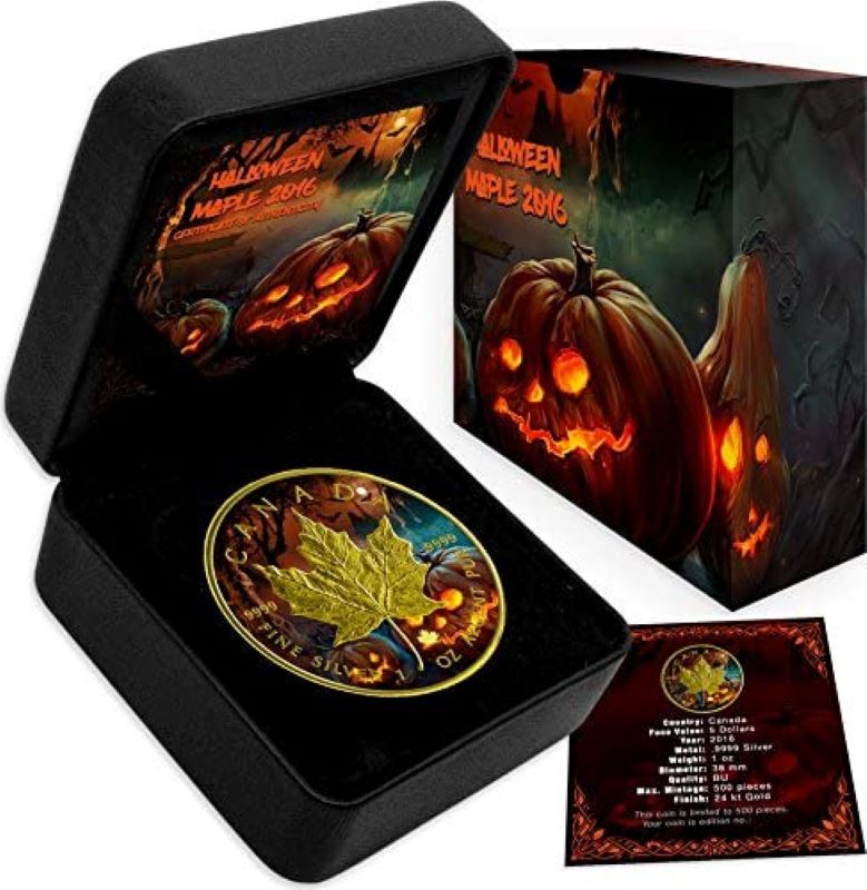Fine Silver Coin with Colour and Gold Plating - Halloween Maple Packaging