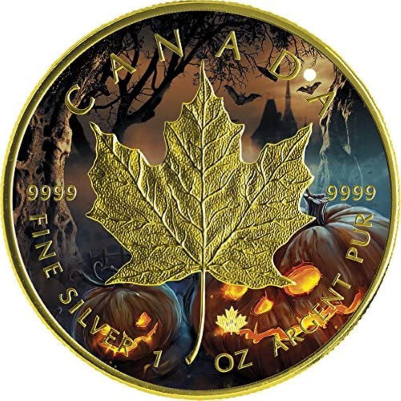 Fine Silver Coin with Colour and Gold Plating - Halloween Maple Reverse