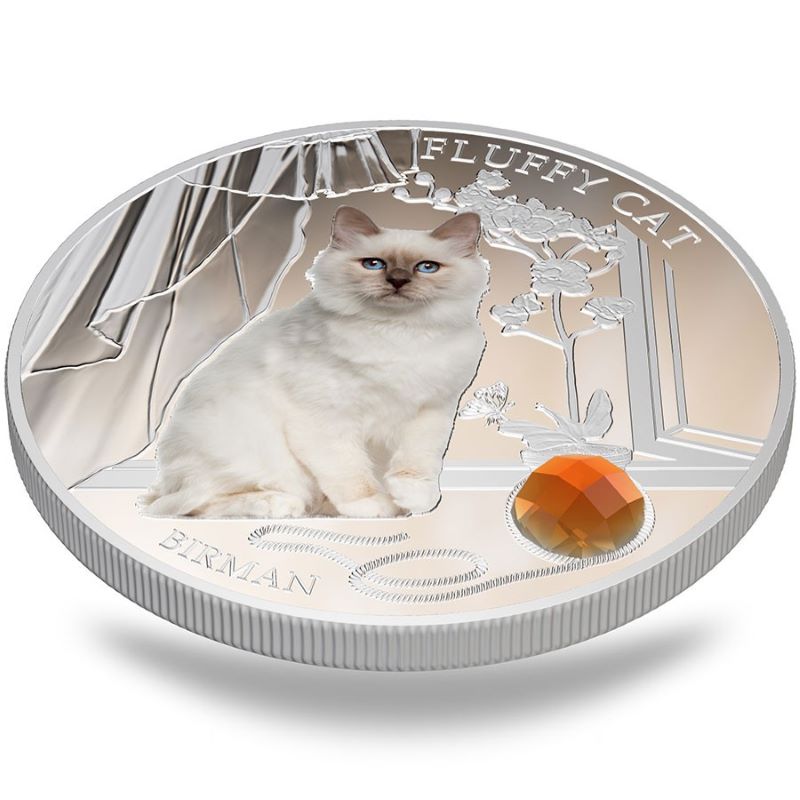 Fine Silver Coin with Colour and Swarovski Crystal - Fluffy Cat: Birman Reverse