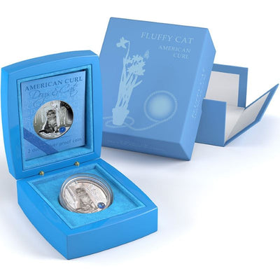 Fine Silver Coin with Colour and Swarovski Crystal - Fluffy Cat: American Curl Packaging