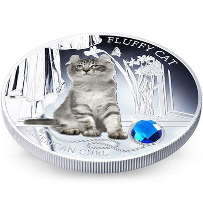 Fine Silver Coin with Colour and Swarovski Crystal - Fluffy Cat: American Curl Reverse