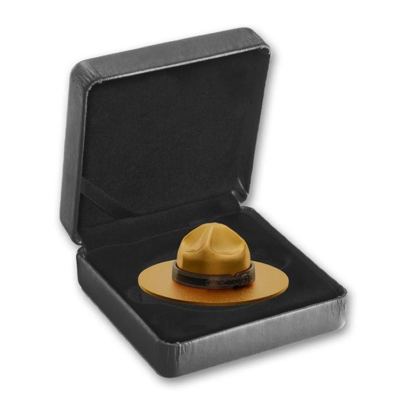 Fine Silver 3D Coin with Colour and Gold Plating - Classic Mountie Hat Packaging
