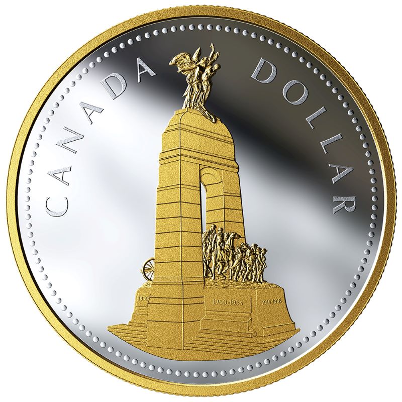 Fine Silver Coin with Gold Plating - Renewed Silver Dollar: The National War Memorial Reverse