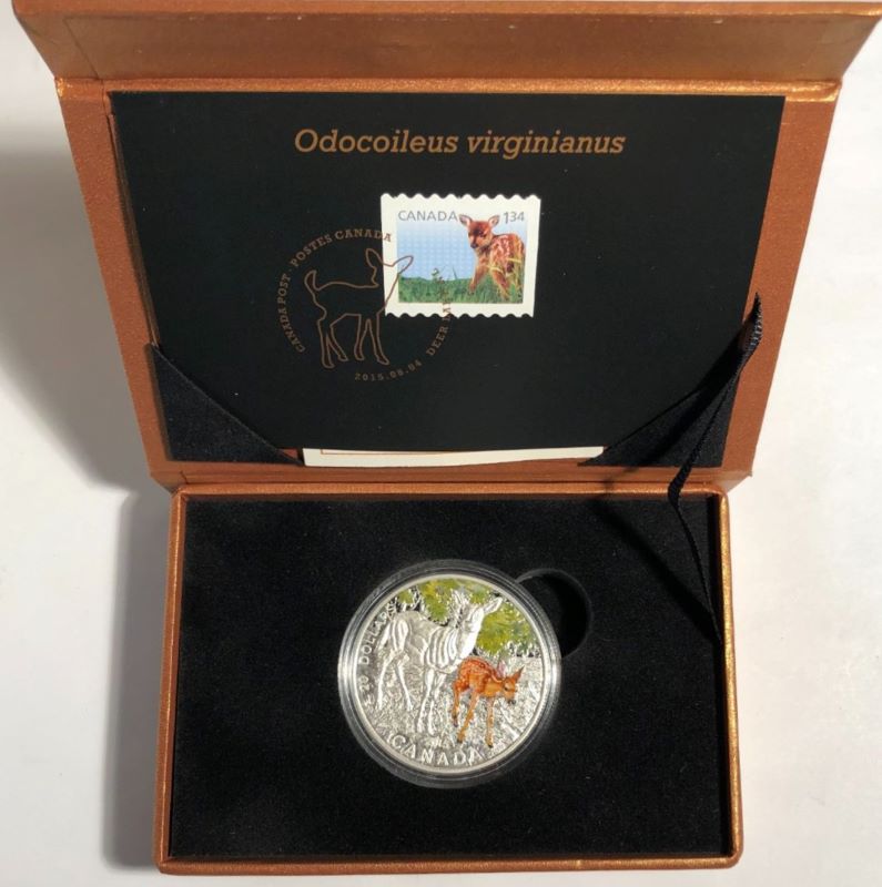 Fine Silver Coin with Colour and Stamp Set - Baby Animals: White-tailed Deer Packaging