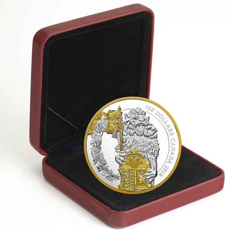 Fine Silver Ultra High Relief Coin with Gold Plating - Keepers of Parliament: The Lion Packaging