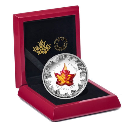 Fine Silver Coin with Glass Embellishment - Murano Maple Leaf: Autumn Radiance Packaging