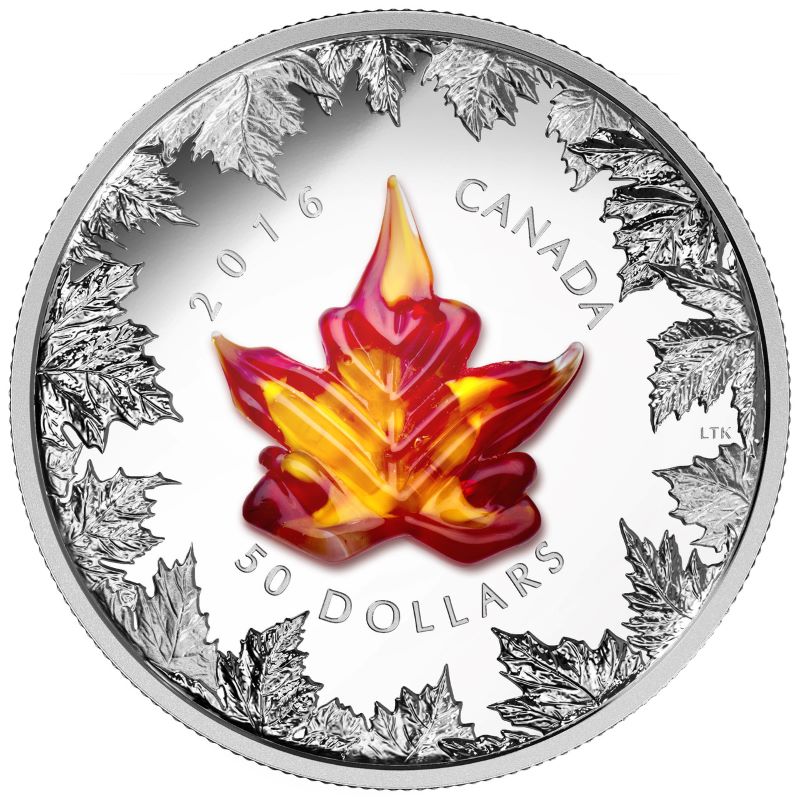 Fine Silver Coin with Glass Embellishment - Murano Maple Leaf: Autumn Radiance Reverse