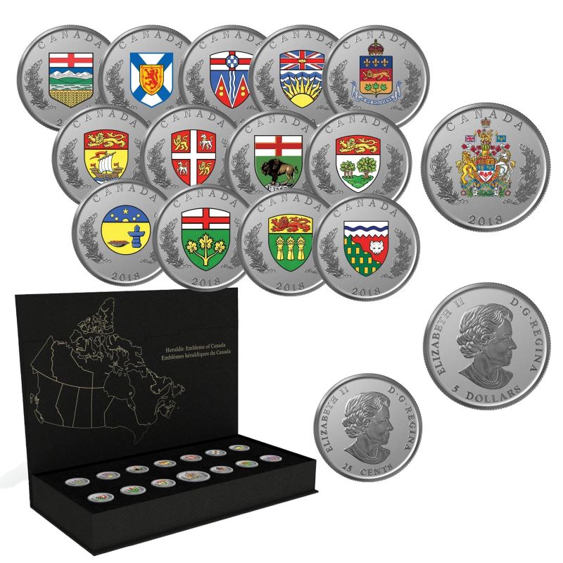 Fine Silver 14 Coin Set with Colour - Heraldic Emblems of Canada