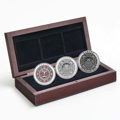 Fine Silver Ultra High Relief 3 Coin Set with Colour - Singing Moon Mask Packaging