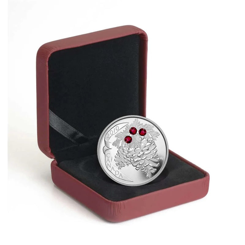 Fine Silver Coin with Swarovski Crystal - Holiday Pine Cones: Ruby Packaging