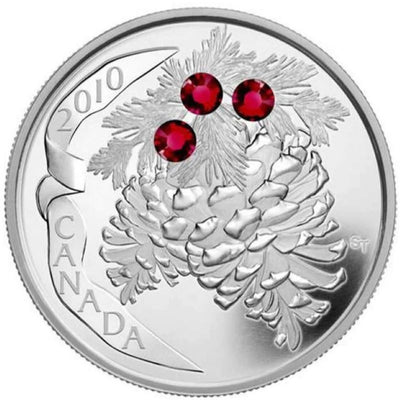Fine Silver Coin with Swarovski Crystal - Holiday Pine Cones: Ruby Reverse