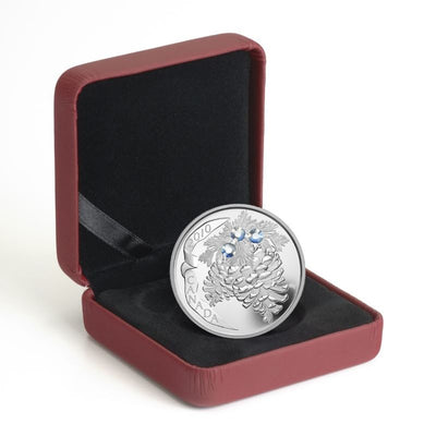 Fine Silver Coin with Swarovski Crystal - Holiday Pine Cones: Moonlight Packaging