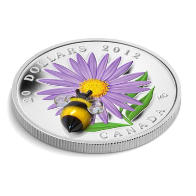 Fine Silver Coin with Colour and Glass Element - Aster with Glass Bumble Bee Reverse