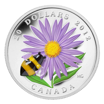 Fine Silver Coin with Colour and Glass Element - Aster with Glass Bumble Bee Reverse