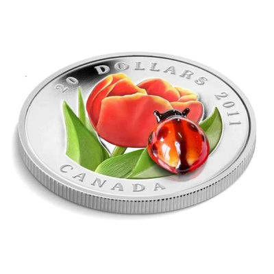 Fine Silver Coin with Colour and Glass Element - Tulip with Glass Ladybug reverse