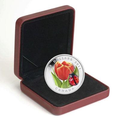 Fine Silver Coin with Colour and Glass Element - Tulip with Glass Ladybug Packaging