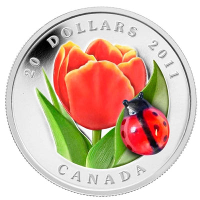 Fine Silver Coin with Colour and Glass Element - Tulip with Glass Ladybug Reverse