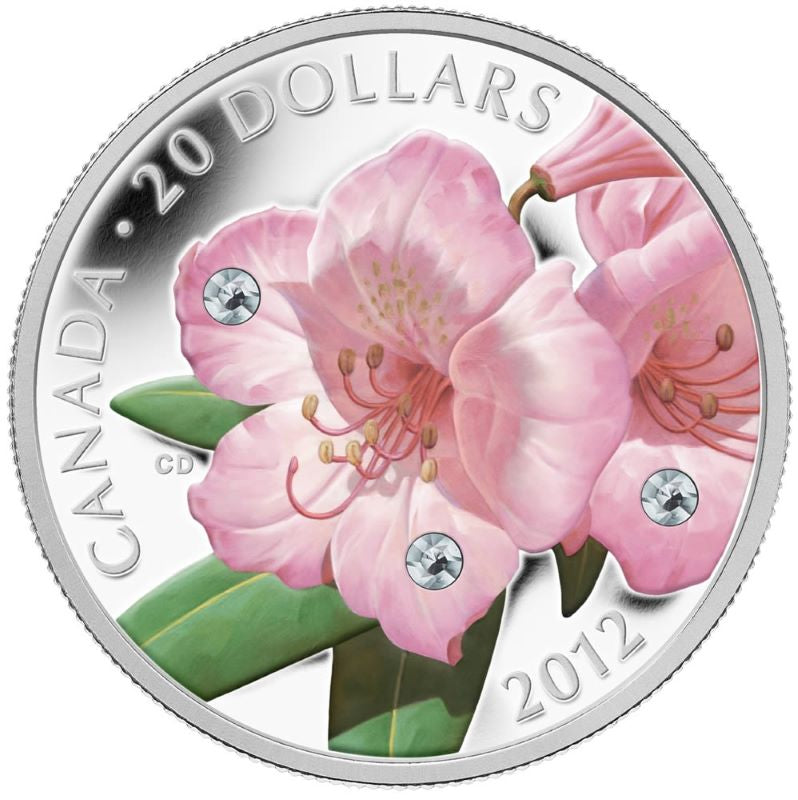 Fine Silver Coin with Colour and Swarovski Crystal - Rhododendron Crystal Dew Drop Reverse