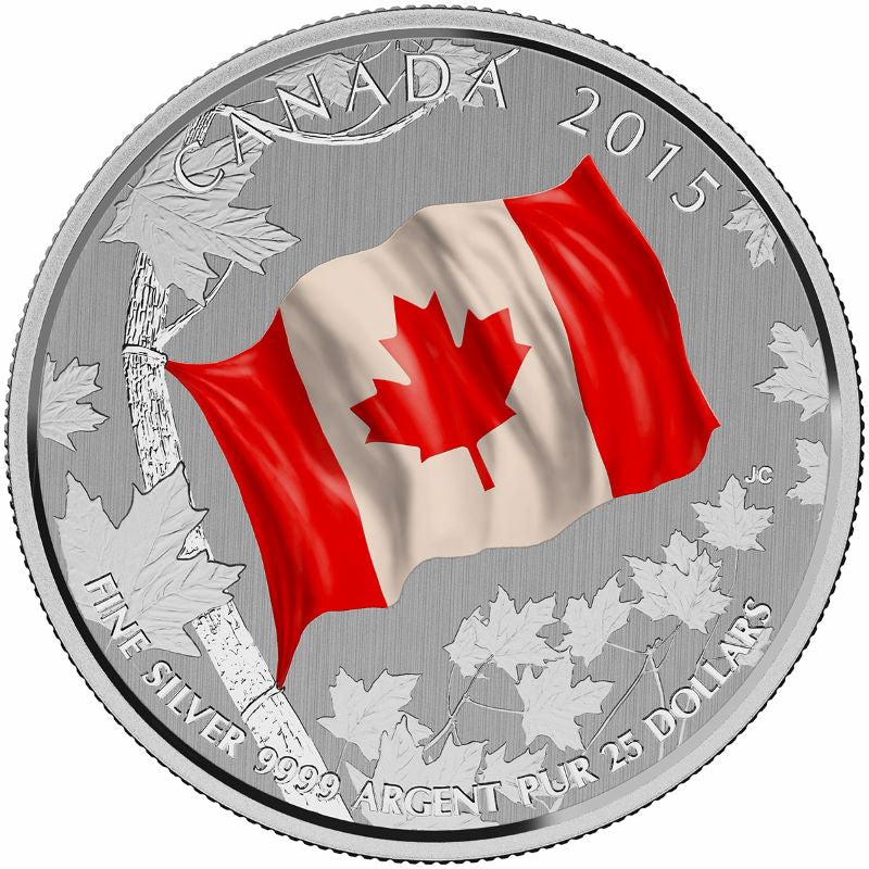 Fine Silver Coin with Colour - 50th Anniversary of the Canadian Flag Reverse