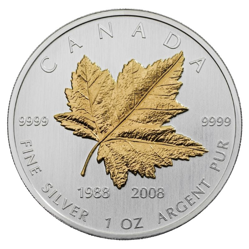 Fine Silver Coin with Gold Plating - Silver Maple Coin 20th Anniversary Reverse