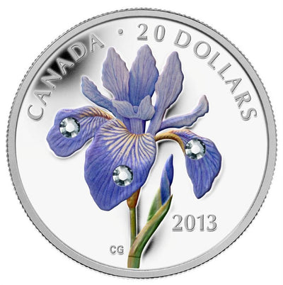 Fine Silver Coin with Colour and Swarovski Crystal - Blue Flag Iris Reverse