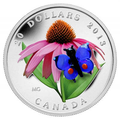Fine Silver Coin with Colour and Venetian Glass - Purple Coneflower and Eastern Tailed Blue Reverse