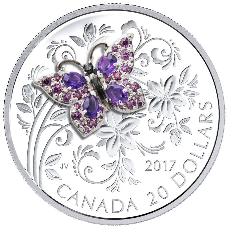 Fine Silver Coin with Gemstones - Bejewelled Bugs: Butterfly Reverse