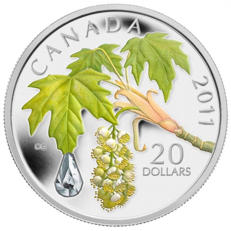 Fine Silver Coin with Colour and Swarovski Crystal - Maple Leaf Crystal Raindrop Reverse