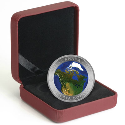 Fine Silver Glow In The Dark Coin with Colour - A View of Canada from Space Packaging