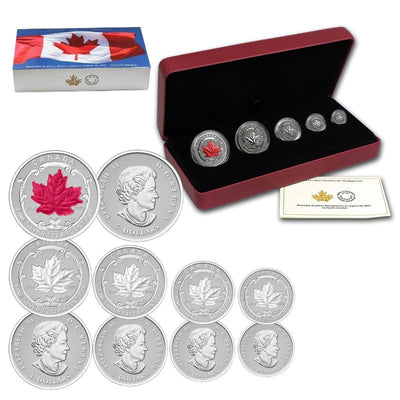 Fine Silver 5 Coin Set with Colour - Silver Maple Leaf Fractional Set
