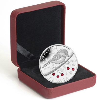 Fine Silver Coin With Swarovski Crystal - Chickadee and Winter Berries Packaging
