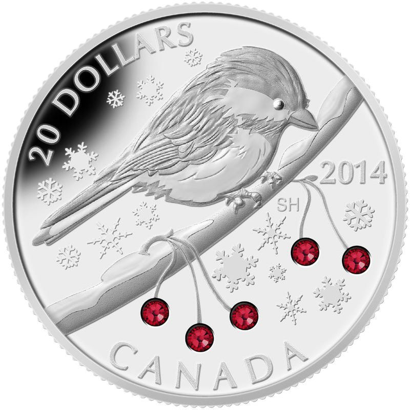 Fine Silver Coin With Swarovski Crystal - Chickadee and Winter Berries Reverse