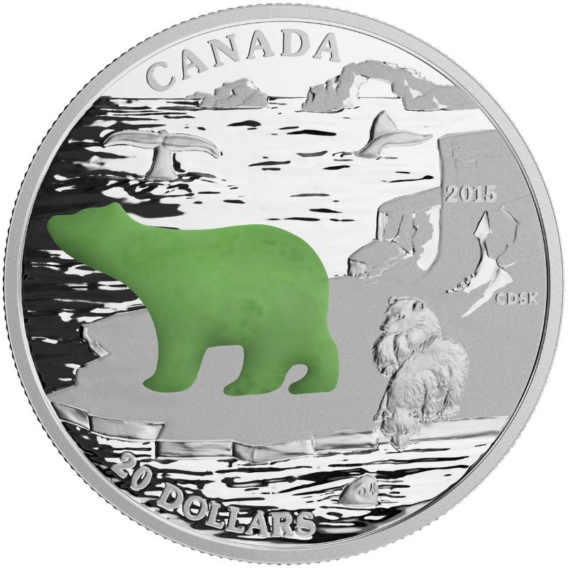Fine Silver Coin with Jade Embellishment - Canadian Icons: Polar Bear Reverse